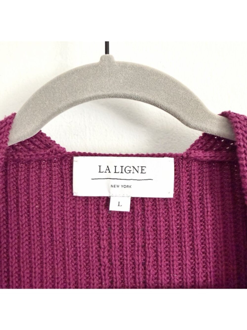 La Ligne Ribbed V-Neck Balloon Sleeve Knit Sweater Plum Burgundy Women’s Large - Picture 4 of 11